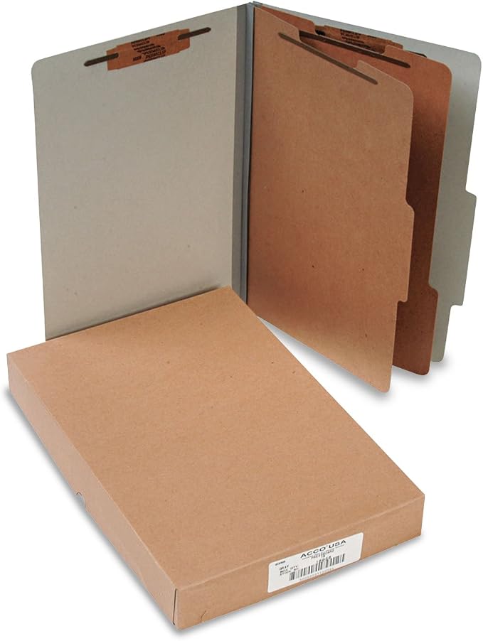 ACCO 16056 ACCO Pressboard 25-Point Classification Folders, Lgl, 6-Section, Mist GY, 10/Box