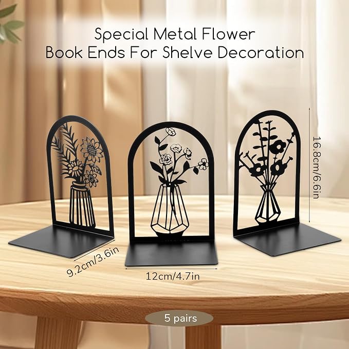 Kifmurase 5 Pair Metal Book Ends, Modern Decorative Flower Shelves Bookends, Black Book Stopper for Heavy Books, Novety Floral Books Shelf Holder Ends for Home Office School, 6.6×4.7×3.6 inch