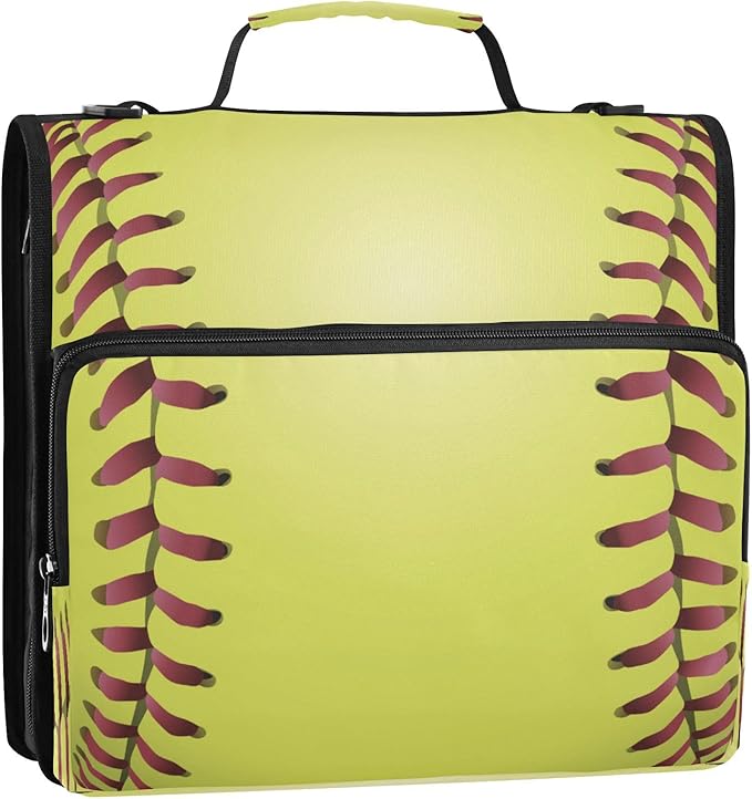 Kcldeci A Closeup Yellow Softball Laces Baseball Zipper Binder，Paper Organizer Organizer 1.5inch 3 Ring Binder Bag Expanding File Folder for School and Office