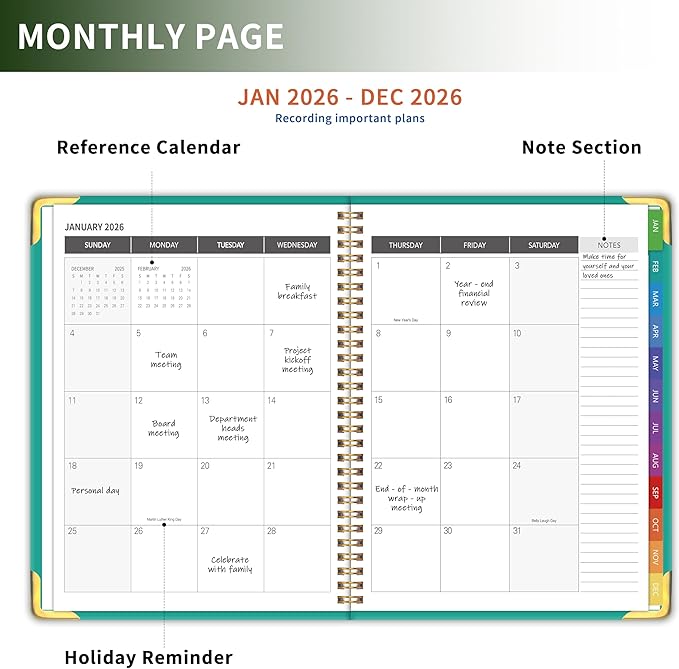 Planner -2026, Hardcover Weekly & Monthly Calendar Planner, January 2026 - December 2026, 6" x 8", Daily Agenda Book with Colorful Tabs, College Organizer Notebook, School & Work Supplies for Student Teacher Classroom