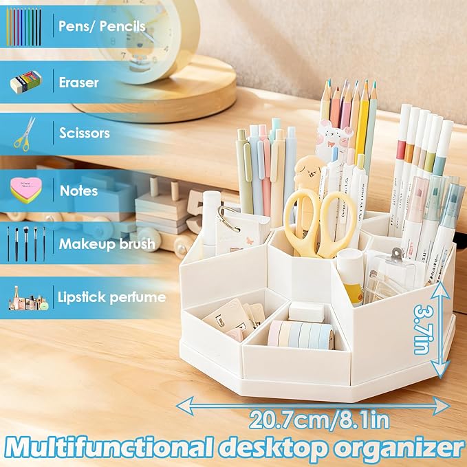 360 Degree Rotating Desk Organizer Caddy with 9 Compartments, Large Capacity Detachable Pencil Holder for Desk, Multifunctional Desktop Storage for Office, School, Home, Dressing Table, Pink