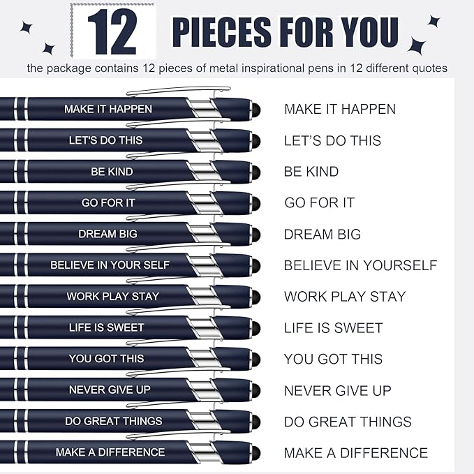 Zonon 12 Pcs Inspirational Pens Gift Set Funny Ballpoint Pen with Stylus Tip Motivational Graduation Gifts Bulk for Teacher Coworkers Nurse School Office Supplies(Navy,Motivational Style)