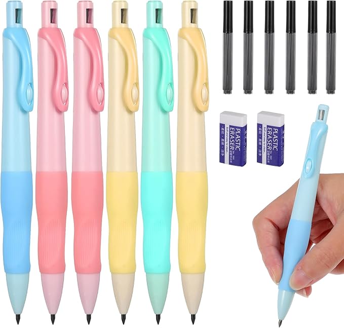 Mechanical Pencils Thick Pencils with Comfort Ergonomic Grip, Aesthetic Supplies with 6 Leads Refills, 2 Pcs Erasers - 6 Pcs Colorful 2.0MM Pencil for Writing & Drawing