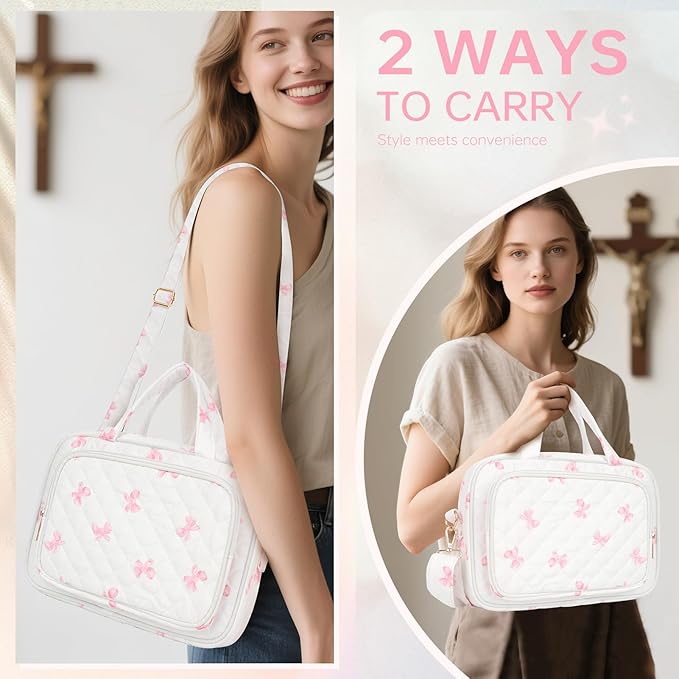 Bible Cover Case for Women Bible Study Supplies Church Camp Essentials Christian Gifts for Women Journaling Kit Quilted Large Bible Book Sleeve (Pink Bow, Large)