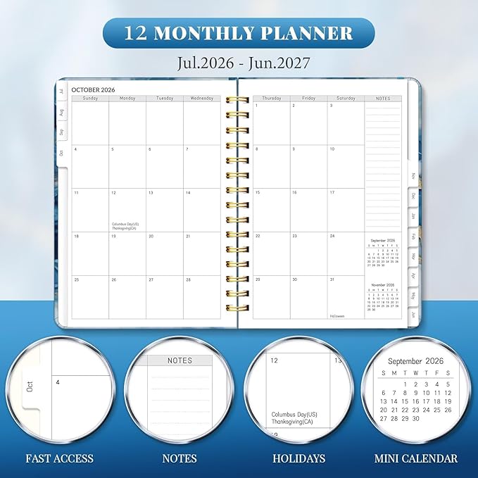 Lonely Oak Academic Planner 2026-2027, Daily Weekly and Monthly Agenda Planner 6.18" x 8.5" with Tabs, 12 Months Spiral School Year A5 Calendar from Jul.2026 to Jun.2027 for Student and Teacher (Dark Blue)