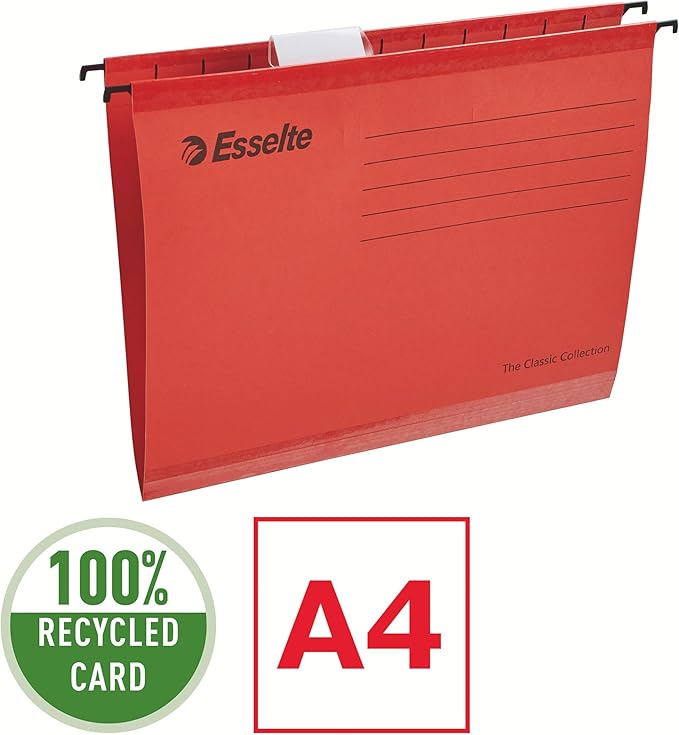 Esselte A4 Reinforced Filing Cabinet Suspension File, Pack 15 Made from Strong 100% Recycled Card, with Tabs and Card Inserts, for Home, Office, School Organisation, Assorted Colours