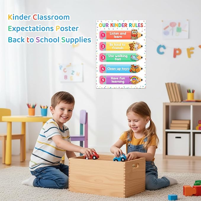 D4DREAM Classroom Rules Poster - 11.2'' Colorful Classroom Expectations Wall Art Teacher Must Haves for Classrooms Preschool Kindergarten Homeschool daycare Back to School Teacher Supplies