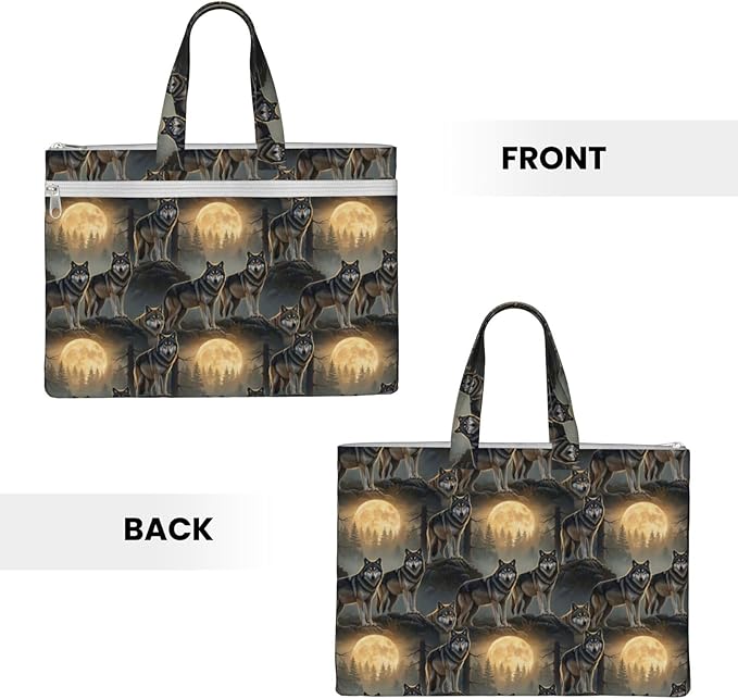 Double Pocket Canvas Zipper Pouch File Bag Full Moon Wild Wolf Art, Waterproof Document Briefcase with Handle for Travel Office