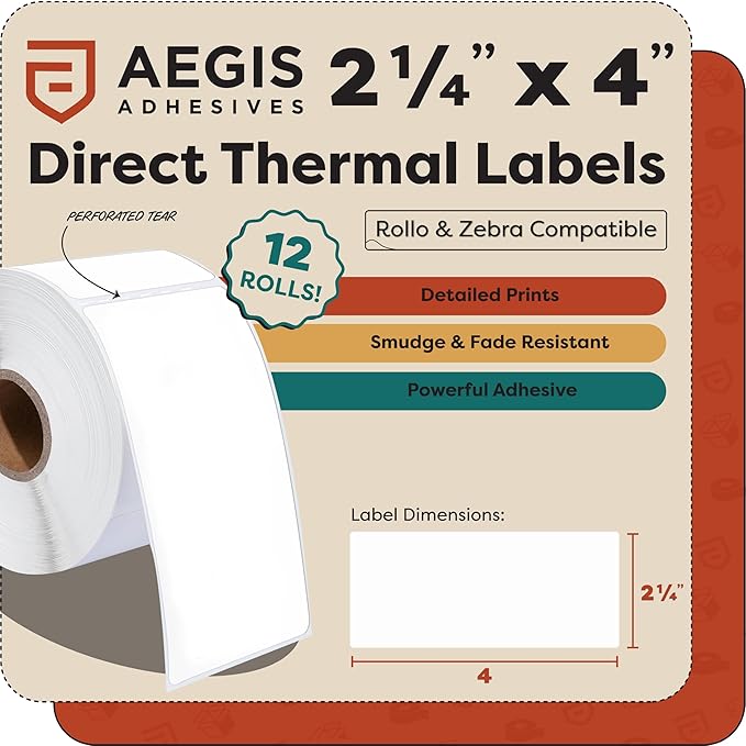 Aegis Adhesives - 2 1/4" X 4" Direct Thermal Labels (12 Rolls, 350 Labels/Roll) for Shipping and Postage - Perforated, Compatible with Rollo, Zebra, and Other Desktop Label Printers