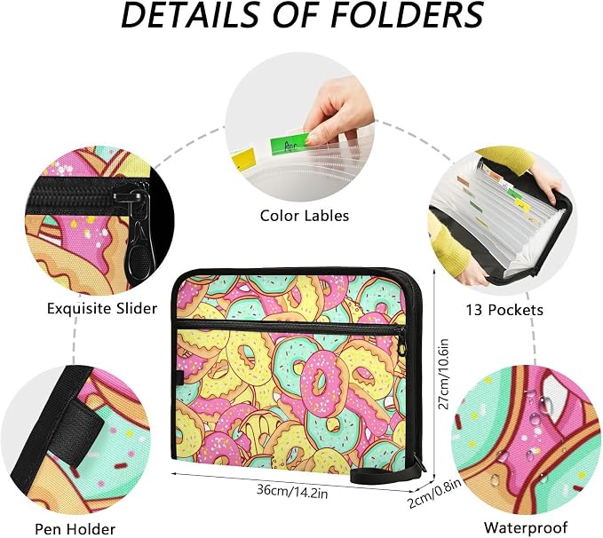 Donut Pink 13 Pockets Expanding File Folder with Sticky Labels Accordion File Folder Document Organizer Letter Size A4 Papers Expandable File Keeper