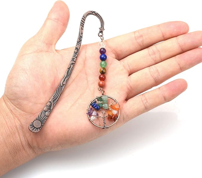 Jovivi 5pcs Antique Copper Metal Bookmark Beading Bookmarks with Handmade 7 Chakra Healing Crystals Tree of Life Tumbled Gemstones Assorted Beads