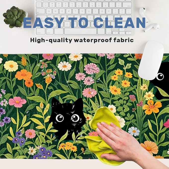 Black Cat Gaming Mouse Pad 35.4 x 15.7 Inches Kawaii Flower Meadow Cute Spring Garden Desk Mat with Non-Slip Rubber Base, Stitched Edges for Gaming,Office