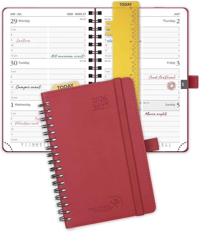 POPRUN Pocket Planner 2026-2027 (Purse Size 4'' x 6.25'') Academic Small Calendar (July 2026 - June 2027) with Hourly Time Slots, 100GSM Thick Papers, Spiral Leather Cover - Burgundy