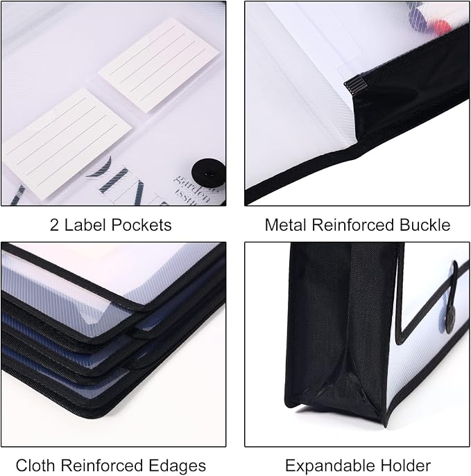 Eco-Friendly Plastic File Folders, Poly Expanding File Wallet, Expandable Envelope Organizer Document Folder with Elastic Band and Button Closure, with Small Two Pockets, 5 Pack- Black