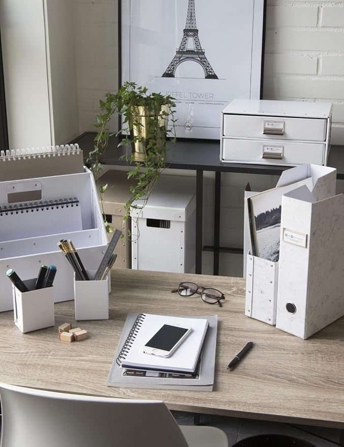Bigso Fiona 3 Piece Fiberboard Upright Magazine Storage Boxes for Papers with Metal Label Holder - Durable Magazine File Holder for Office Desks - 3.3in x 10in x 12.4in - 3 Piece - White