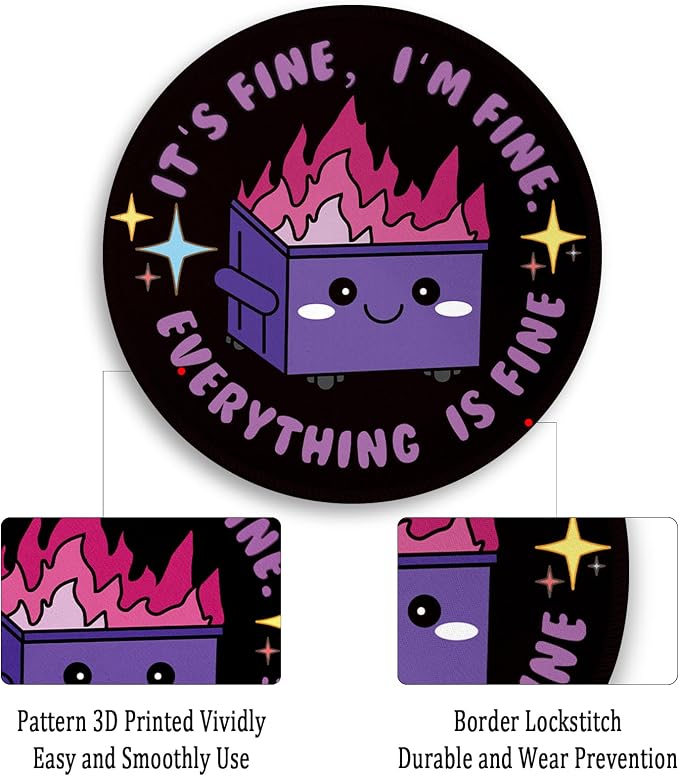Gctriki Dumpster on Fire Mouse Pad, Cute Round Mouse Pads for Desk, Funny Purple Dumpster Mousepad for Laptop Gaming, Stitched Edge Non-Slip Rubber Base, Cute Office Desk Accessories Decor for Women