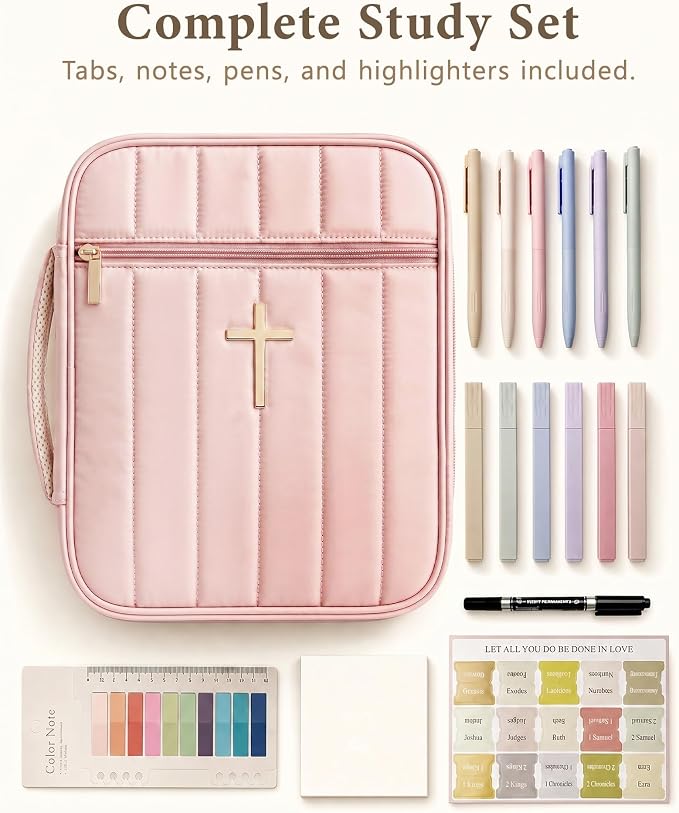 Wuflyover Bible Bag for Women with Study Set, Quilted Bible Cover Case with Handle, Bible Carrying Case for Church, Tabs, Notes, Pens and Highlighters, (Pink+Study Accessories)