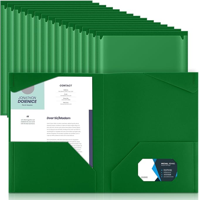 Henoyso 36 Pack Dark Green Plastic Folders with Clear Front Pockets Heavy Duty File Folders with 2 Pockets and Card Slot for Student Communication School Office Presentation Report