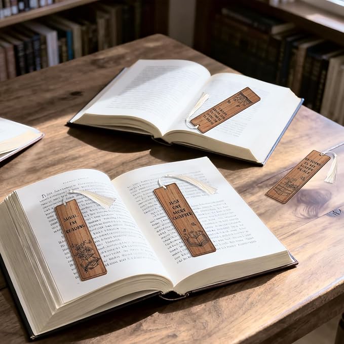 TICIAGA 4PCS Book Lover Wooden Bookmarks with Tassels, Vintage Bookish Bookmarks Reading Gifts for Women, Book Lover Gifts Birthday Present for Students Teachers Appreciation Spring Party Favors