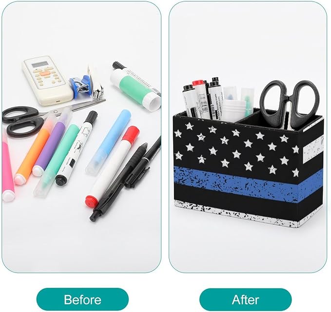 Office Storage Pen Holder Thin Blue Line Retro American Flag Police Pattern Black, Decoration Office Desk Square Pens Pencils Holder, Pencil Desk Organizer in PU Leather, Pencil Container