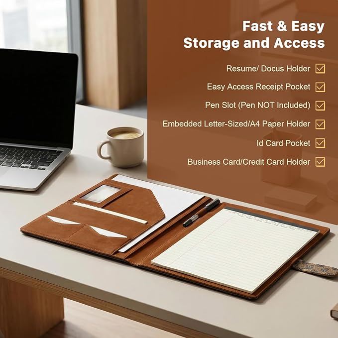 Professional Padfolio Portfolio Binder, Leather Business Portfolio Organizer for Men & Women, Includes File Pockets, Card Holders, Pen Loop & Resume Holder for Interviews