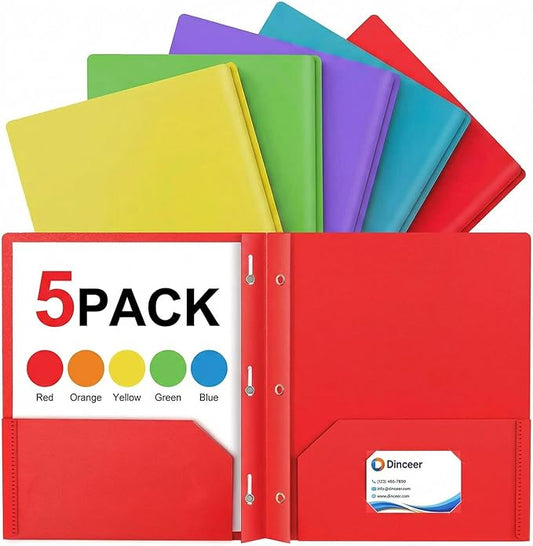 Plastic Pocket Folders with Prongs, Heavy Duty 2 Pocket Poly Folder Set, Bright Assorted Colors, Letter Size 8.5 x 11, Metal Fasteners, Business Card Slot (5, Rainbow)