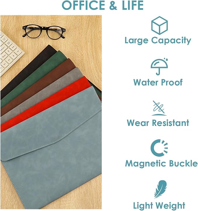 PU Leather Document File Folder,Thin A4 Folder Envelope File Organizer Storage Bag, Receipt Contract Case with Magnetic Closure (Blue)
