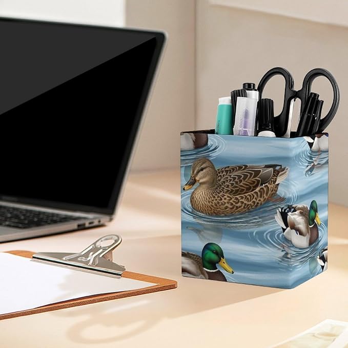 Pen Holder Square Leather Pencil, Holder Cup Makeup Brush Storage Organizer, Waterproof Multifunctional Office Supplies Blue Animals Mallard Ducks Wild Birds