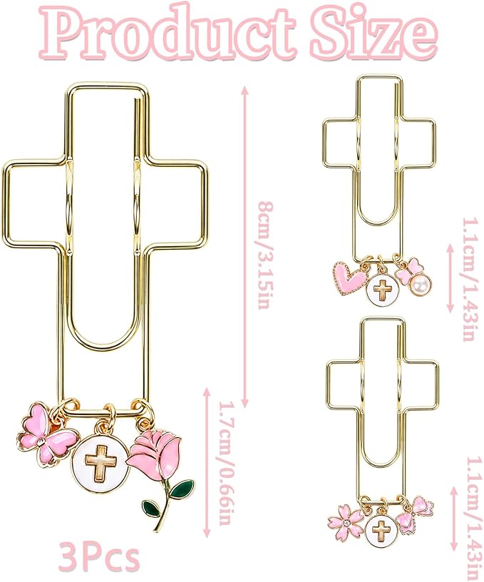 Wxiben Cross Paper Clip Bookmark - 3 Pcs Flower Bow Metal Paperclip Pen Holder Book Mark with Charms Page Marker Planner Decorative Paper Clips Gifts for Women Reading Book Lover School Accessories