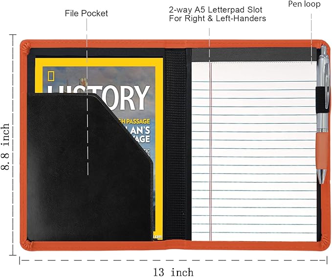 Padfolio/Portfolio Binder, Mini Padfolio Portfolio Binder 5 x 8 Legal Writing Pad, A5 Document Organizer Folder for Men Women, Orange