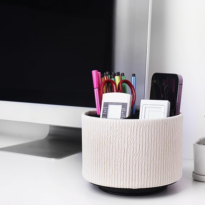 Round Leather Art Supply Organizer,Remote Control Holder,360 Degree Spinning,Multi-Functional Pencil Holder,4 Compartments Desktop Stationary Organizer(1-Wood Beige)