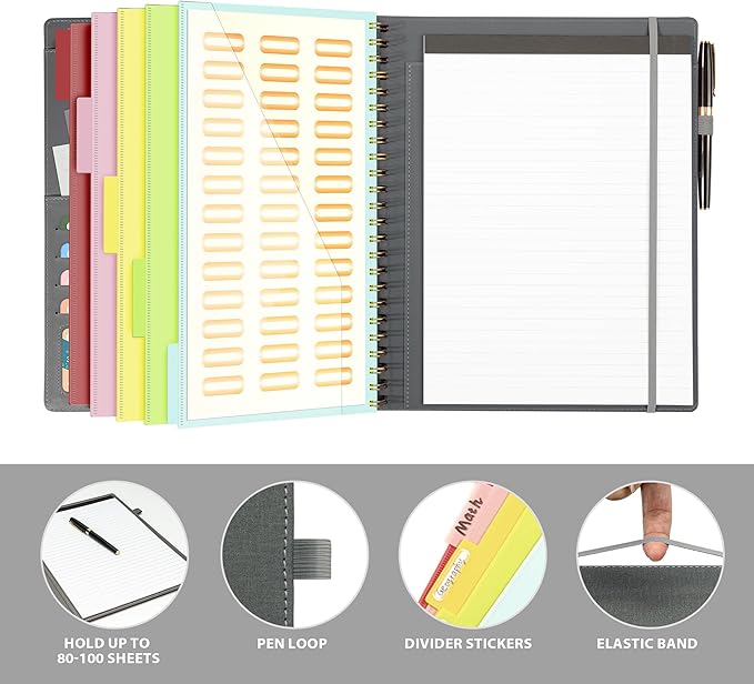 Ospelelf Clipboard with Storage for Men Women, Leather Padfolio Portfolio Organizer 5 Folders with 10 Pockets, Spiral Clipboard Folio with Notepad for Letter Size, Elastic Closure and Pen Loop Grey