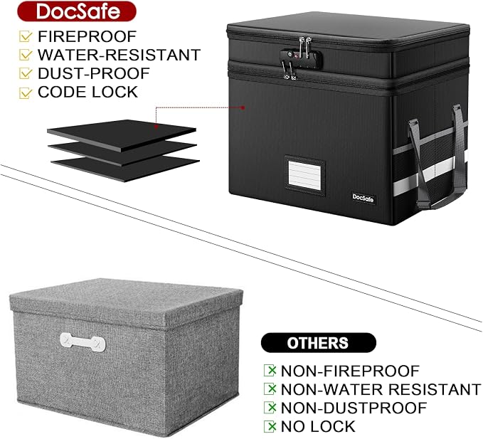DocSafe File Box with Lock,Multi-Layer Fireproof Document Box Collapsible File Storage Organizer with Pockets/Handle,Large Portable Home Office Filing Safe for Hanging Letter/Legal Size Folders,Black