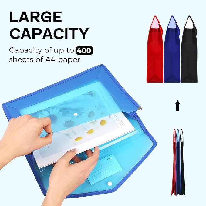 Plastic Expanding File Folder, Folders for Documents, Transparent Envelopes with Elastic Closure, File Folder Organizer Holder, Large Capacity, Fit Letter/A4 Size (3Pcs)