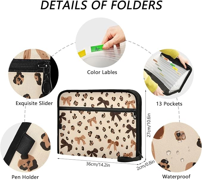 Expanding File Folder Leopard Print Cheetah Bow Pattern Accordion File Organizer 13 Pockets Document Organizer with Zipper Labels A4 Letter Office Storage