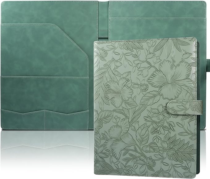 Professional Padfolio Portfolio Binder, Textured Embossing Faux Leather Folder Organizer for Letter Size Legal Pad Notepad Resume, Card Holder for Women Men Business Office Conference (Green)。