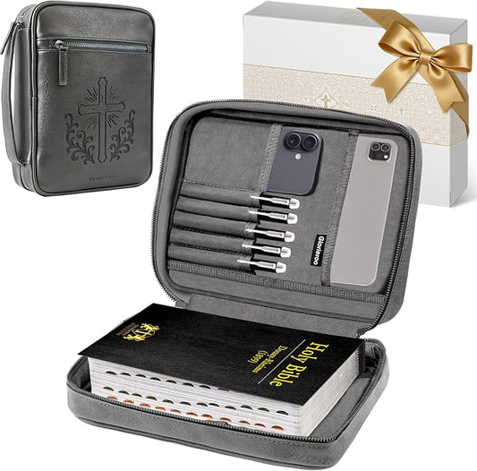 Bible Case for Men, Vegan Leather Bible Cover with Durable Handle and Zippered Pocket, Carrying Bag for Church and Prayer Meetings, Father's Day Christian Gift for Dad