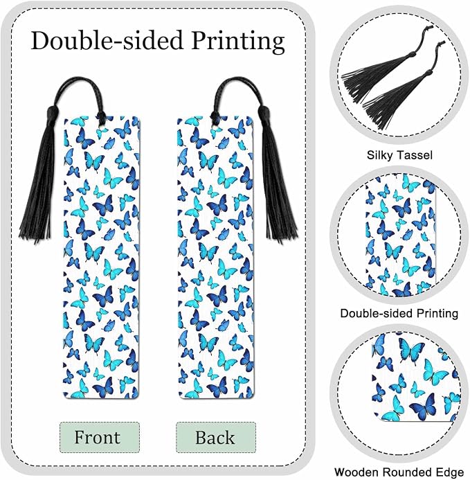 Blue Butterflies Bookmarks 5 Pcs with Tassels Insect Shiny Wooden Bookmarks for Reading Women Students Teacher Reader