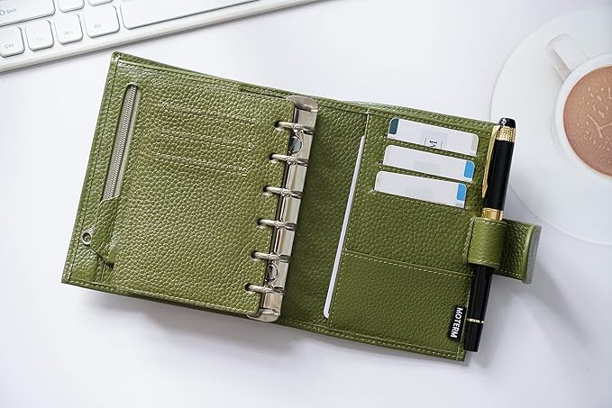 Moterm Pocket Regular Rings Planner - Genuine Leather Binder Organizer (Pebble-Olive, 19mm Ring)