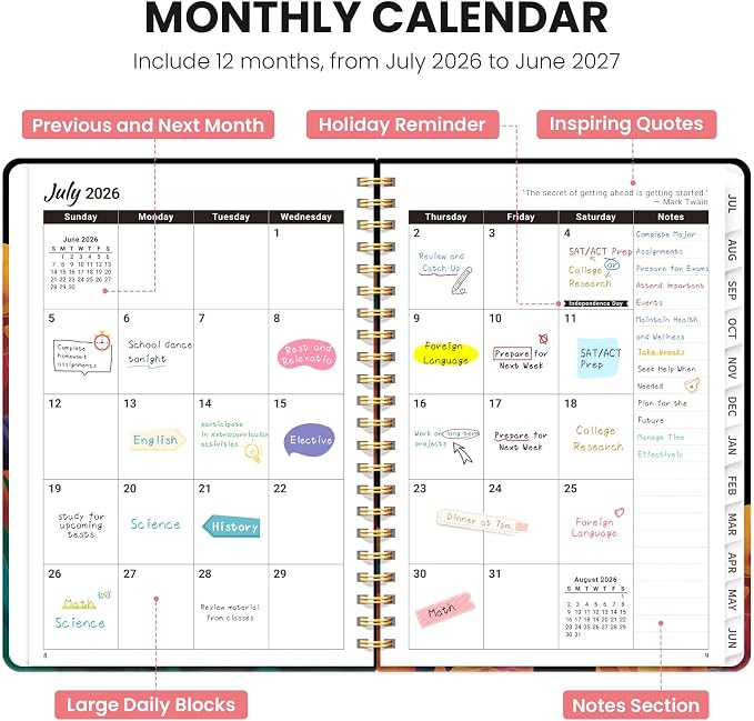 Planner 2026-2027, Monthly and Weekly Calendar Academic Planner July 2026 - June 2027, Hardcover Student Teacher Planning Agenda Book with Tabs, Perfect for Office School Supplies, A5 (6.3" x 8.5") - Tulip Blaze