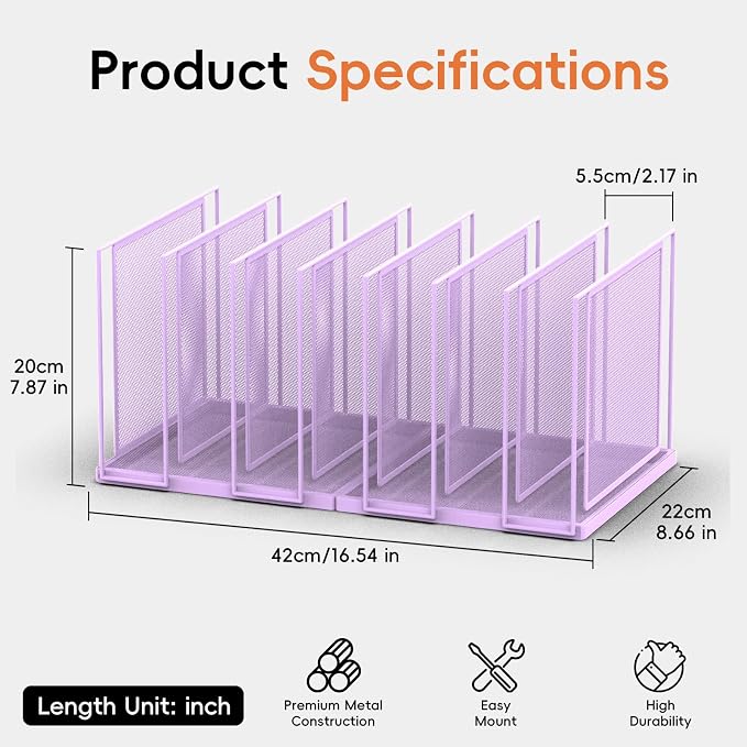 Desk File Organizer, 7 Section Vertical Metal File Organizer for Desk, Desktop File Organizer Stand, Paper Folder Organizer for Office Home Classroom Storage (Purple, 7 Section)