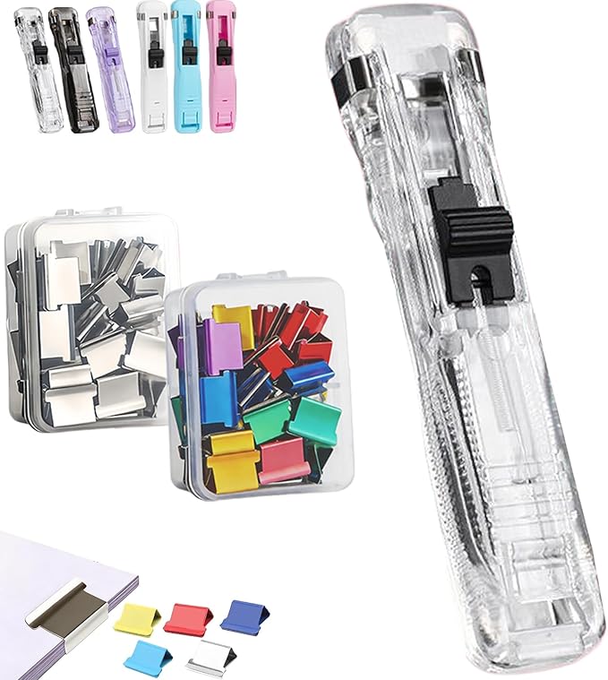 Portable Binder Clip Stapler - Includes 100 Reusable Clips, No Staples, No Holes,Push Clip Paper Clam Dispenser, Reusable Desktop Stapler for Document Home School (1-A)