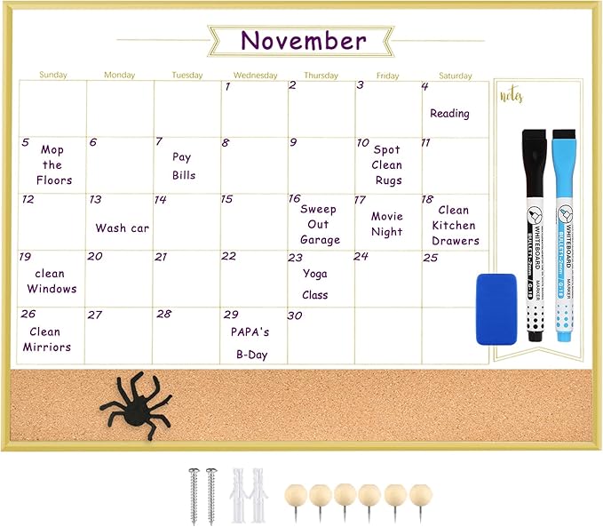 Whiteboard Calendar & Corkboard, 18" x 24" Dry Erase White Board & Bulletin Board, Gold Aluminum Frame Calendar/Cork Combo Board(ZHYL-Gold-4560-B+1)