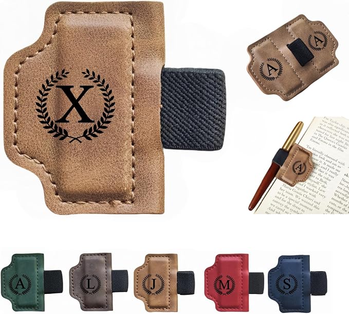 MOTEERLLU Custom Bygonemark Personalized Magnetic Leather Pen Holder Bookmark with Initial for Reading Women, Men, Teacher, Book Lovers Gifts & Accessories(Brown,X)