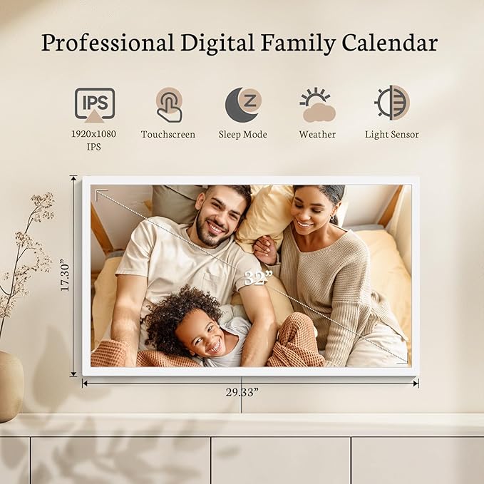 BSIMB 32 Inch Digital Calendar Wall Touch Screen - Chore Chart, Meal Planner, Rewards System, Photo Display, Smart Electronic Calendar Interactive Hearth Display for Family Schedules Seamless Scheduling White
