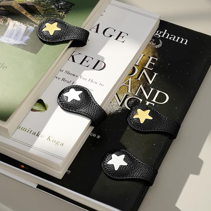 2Pcs Magnetic Leather Bookmarks with Gift Box, Magnetic Pen Holder Book Marks Clip Gift for Book Lover Readers Men Women Teachers Students, Star (Black+Black)