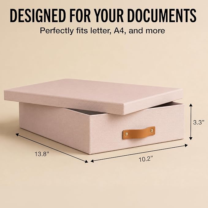 Bigso Oskar Fiberboard Document Storage Box with Lid for A4 and Letter Size Papers - Stylish, Sturdy, and Stackable Keepsake Box with Leather Handle - W10.2in x D13.8in x H3.3in - Pink Rose