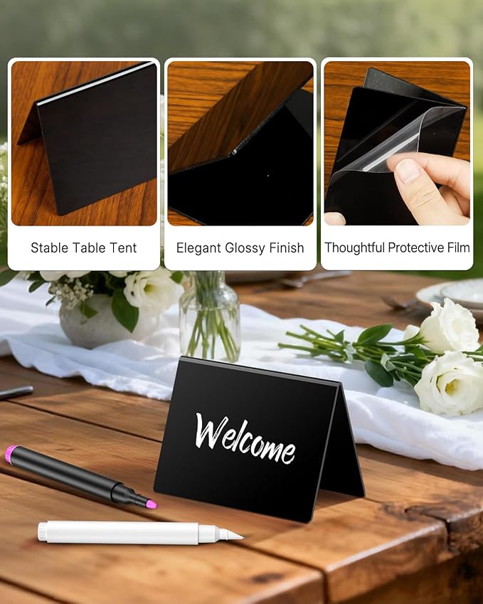 Uniclife 12 Pack Mini Chalkboard Signs for Food, Small Chalkboard Signs with Chalk Markers, Reusable Glossy Acrylic Food Signs Food Labels for Party Buffet Wedding, Blackboard Place Cards Table Signs