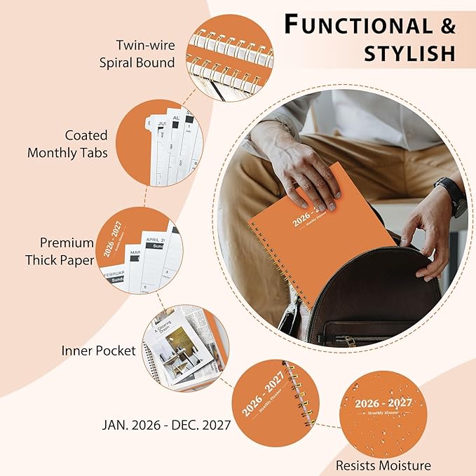 Ymumuda 2026 Planner-2 Year Monthly Planner 2026-2027, JAN.2026 - DEC.2027, 8.5" x 11", 26-27 Monthly Calendar,Large Planner with Spiral Bound, 24 Months Perfect for School Office Schedule - Orange