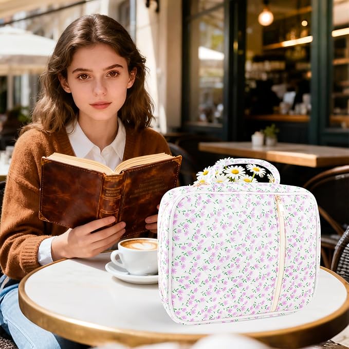 Zkptops Bible Cover Case for Women Large Bible Bag Cotton Quilted Bible Carrying Case with Zipper Pocket and Handle Carrying Book Cover for Christian Study Supplies Christian Gift(Purple Flower)